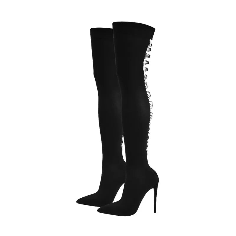 Thigh-High Stiletto Sock Boots — Pointed Toe Over-the-Knee