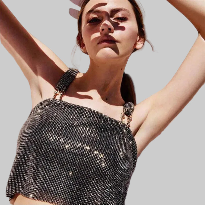 Rhinestone Metal Clip Camisole - Low Cut Backless Crop Top