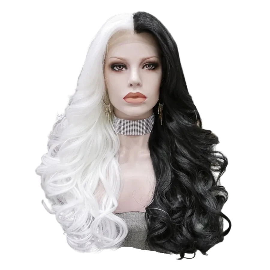 24" Half White Half Black Two-Tone Wavy Lace Front Wig