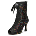 Sequin Mesh Latin Dance Boots | Peep Toe | Lace-Up Heel