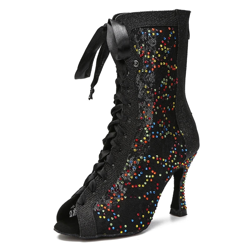 Sequin Mesh Latin Dance Boots | Peep Toe | Lace-Up Heel