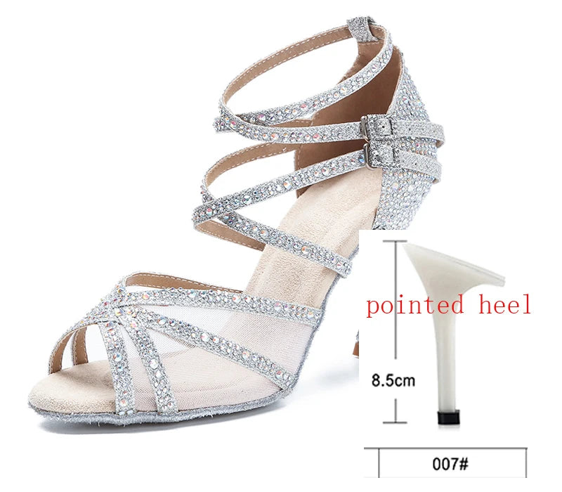 Silver Rhinestone Strappy Latin Heels | Satin | 6–10cm Stiletto