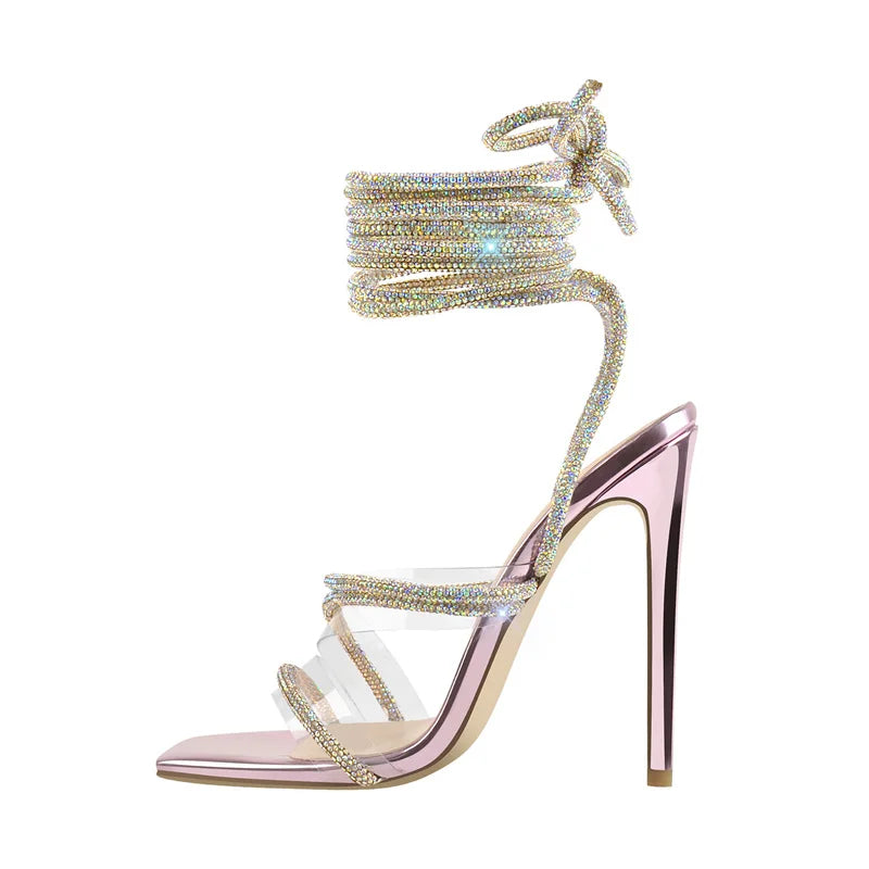 Rhinestone Lace-Up Stiletto Sandal | Crystal Strap | Multi-Color