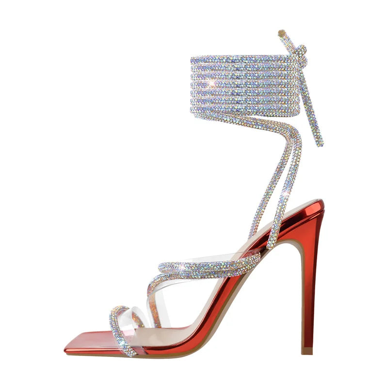Rhinestone Lace-Up Stiletto Sandal | Crystal Strap | Multi-Color
