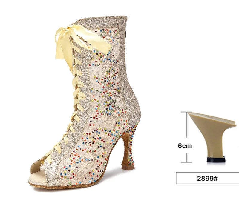 Sequin Mesh Latin Dance Boots | Peep Toe | Lace-Up Heel