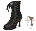 Sequin Mesh Latin Dance Boots | Peep Toe | Lace-Up Heel