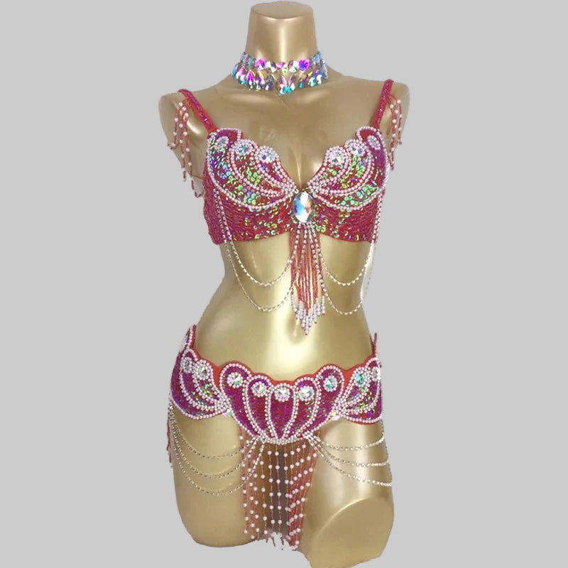 Dazzling Beaded Belly Dance Costume Set - Bra, Belt & Necklace (3-Piece)