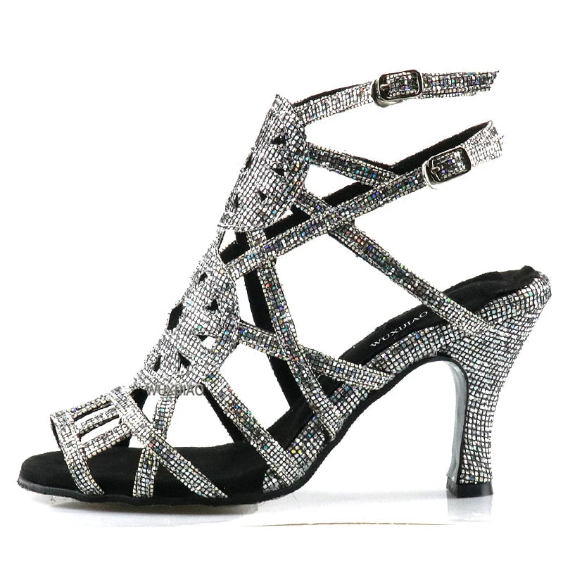 Rhinestone Cage Latin Dance Sandals | Cuban & Pointed Heel | 6–10cm
