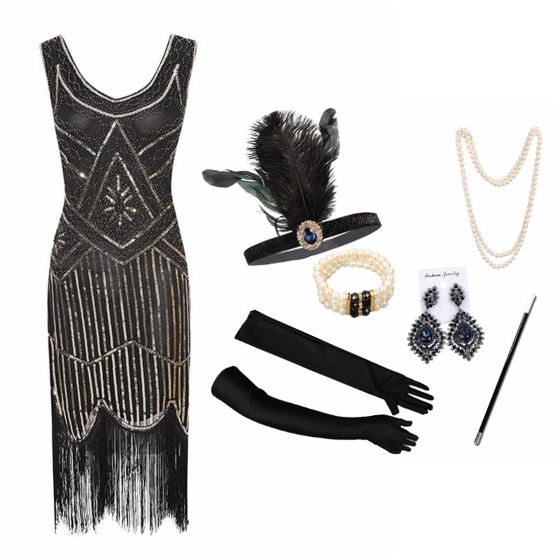 1920s Gatsby Flapper Dress & Accessory Set | Sequin Fringe | Plus Size XS–4XL