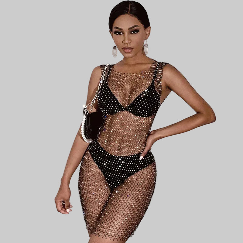 Rhinestone Fishnet Grid Mini Dress