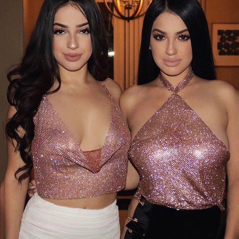 Crystal Rhinestone Halter Mesh Crop Top