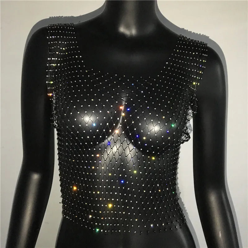 Glitter Rhinestone Fishnet Tank Top - Backless Square Neck Crop Top