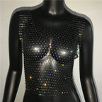 Glitter Rhinestone Fishnet Tank Top - Backless Square Neck Crop Top