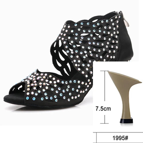 Rhinestone Latin Dance Heels | Cutout Satin | Multi-Height