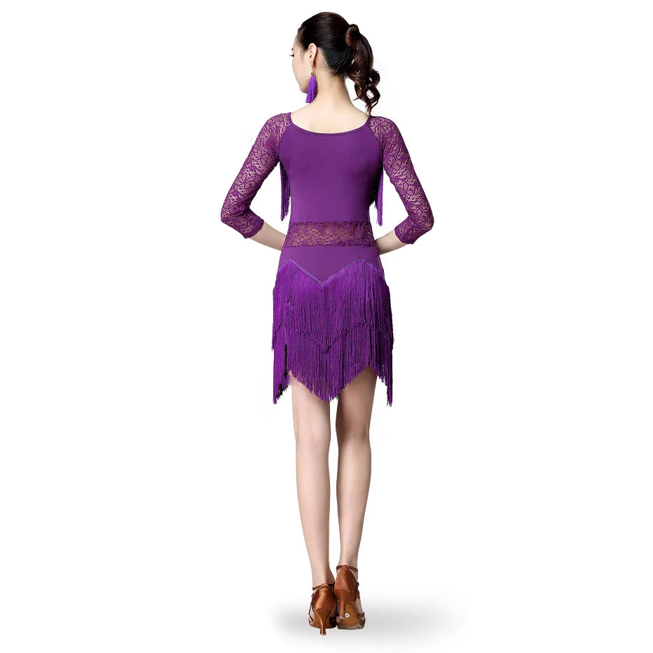 Fringe Latin Dance Dress | Floral Lace | Half Sleeve