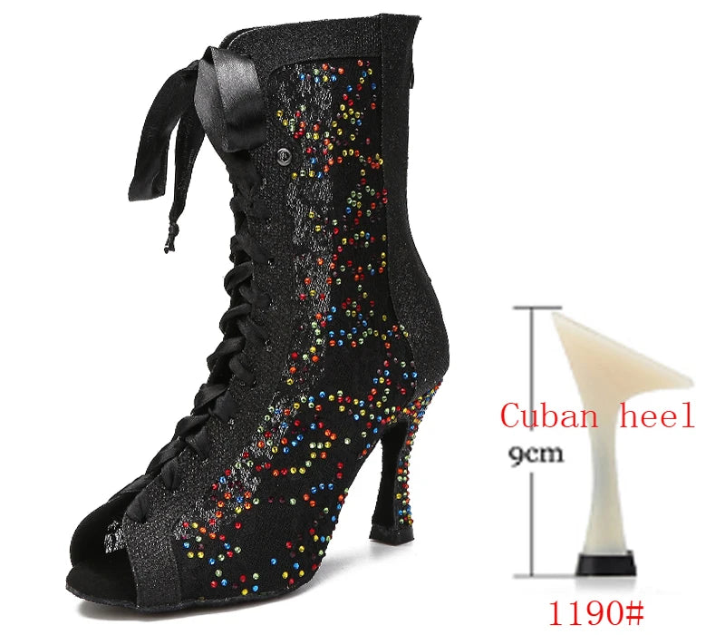 Sequin Mesh Latin Dance Boots | Peep Toe | Lace-Up Heel