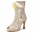 Sequin Mesh Latin Dance Boots | Peep Toe | Lace-Up Heel