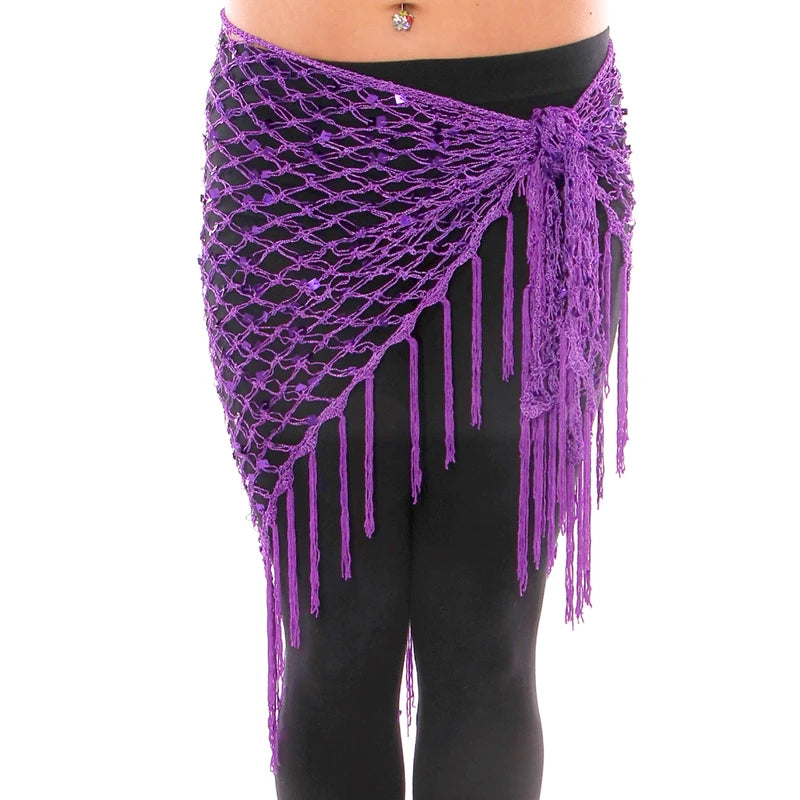 Sequin Belly Dance Hip Scarf - Shimmering Crochet Tassel Belt for Performance