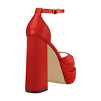 Satin Platform Sandals | Buckle Strap | 14cm Square Heel | Sizes US 5–15