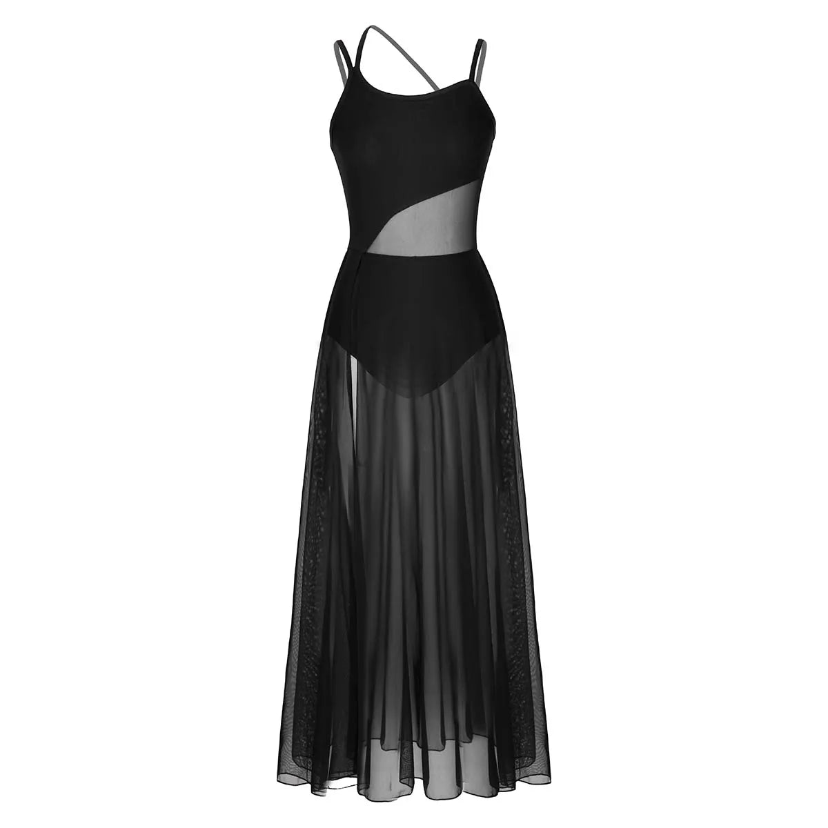 Women's Spaghetti Strap Lyrical Dance Dress | Built-In Leotard & Sheer Mesh Maxi Skirt | Front Slit
