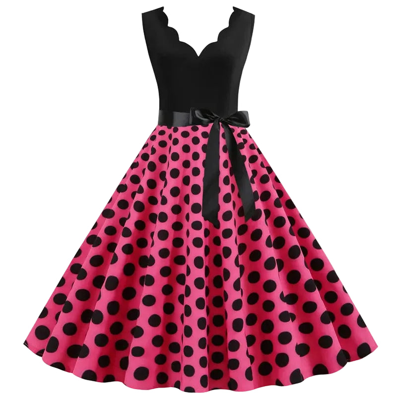 1950s Polka Dot Swing Dress | V-Neck | Bow Sash | 15 Colors