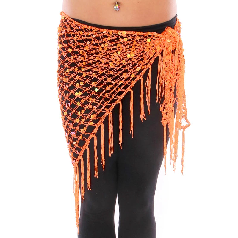 Sequin Belly Dance Hip Scarf - Shimmering Crochet Tassel Belt for Performance