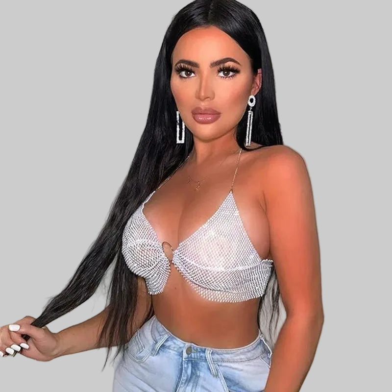 Crystal Fishnet Halter Crop Top - Metal Chain Push-Up Camisole for Stage