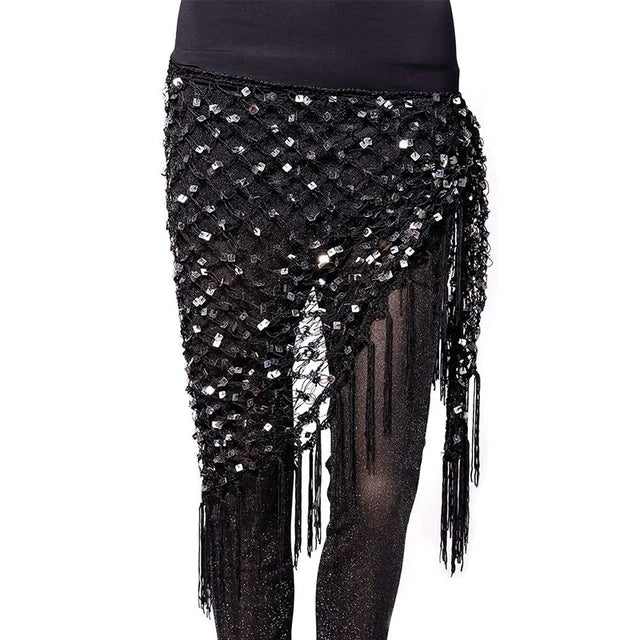 Sequin Belly Dance Hip Scarf - Shimmering Crochet Tassel Belt for Performance