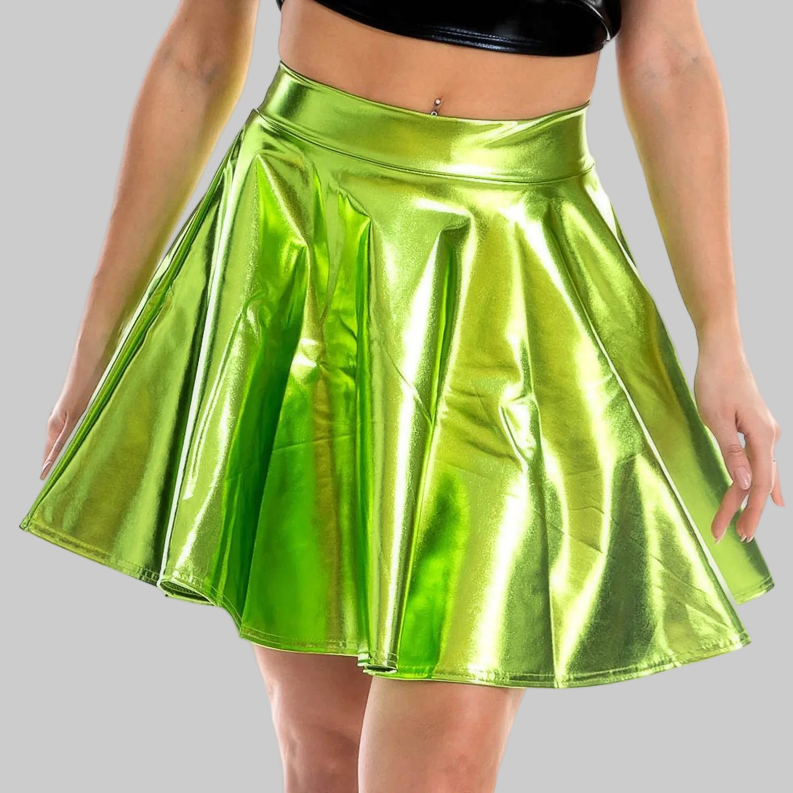 Metallic High Waist Flare Skirt - Glossy Performance Mini Skirt