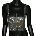 Rhinestone Backless Crop Top - Sparkly Sequin Camisole Tank