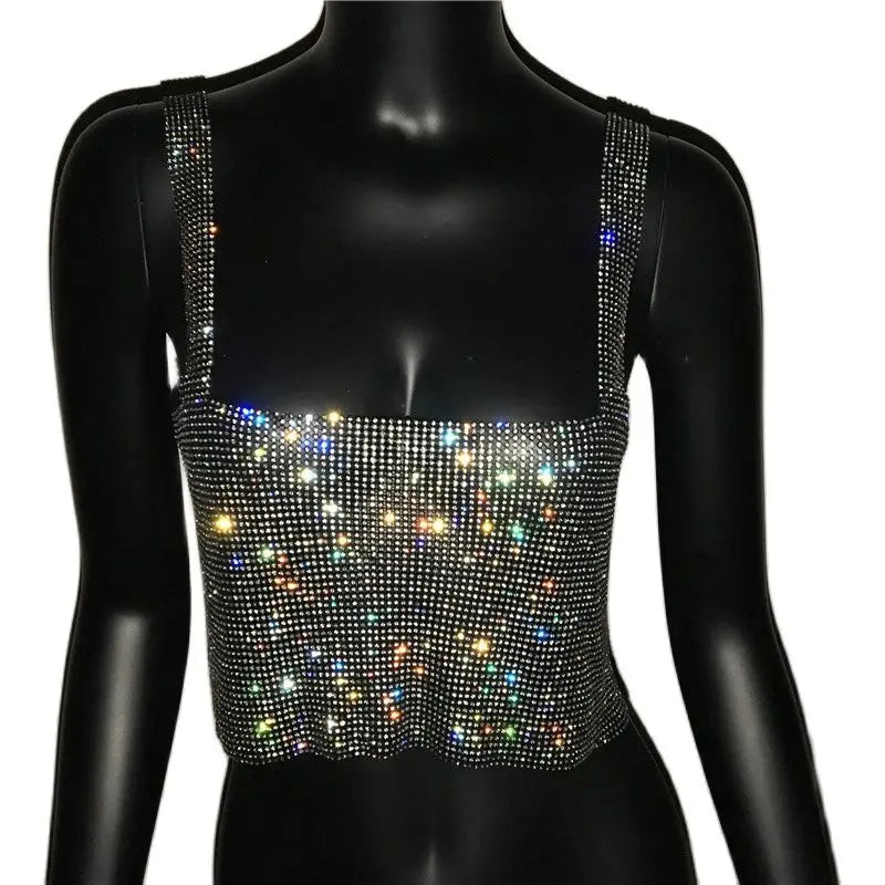 Rhinestone Backless Crop Top - Sparkly Sequin Camisole Tank