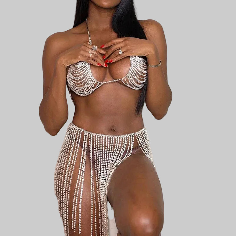 Crystal Body Chain Halter Top & Tassel Skirt Set