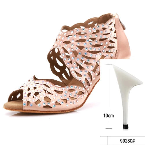 Rhinestone Latin Dance Heels | Cutout Satin | Multi-Height