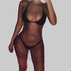 Crystal Fishnet Mini Dress - Rhinestone Mesh Party Dress