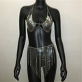 Crystal Body Chain Halter Top & Tassel Skirt Set