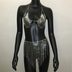 Crystal Body Chain Halter Top & Tassel Skirt Set