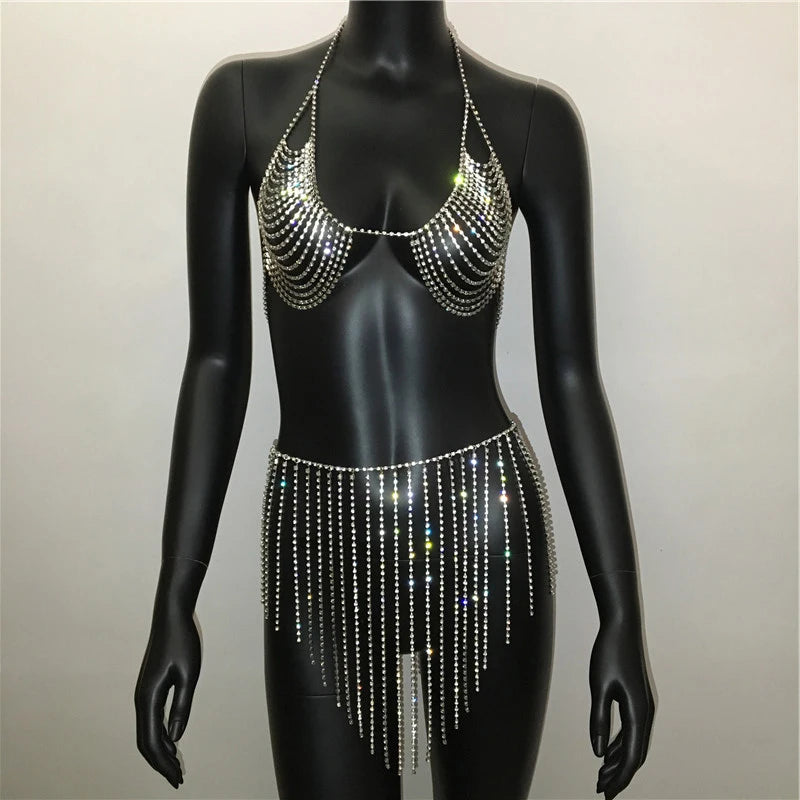 Crystal Body Chain Halter Top & Tassel Skirt Set