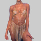 Crystal Body Chain Halter Top & Tassel Skirt Set