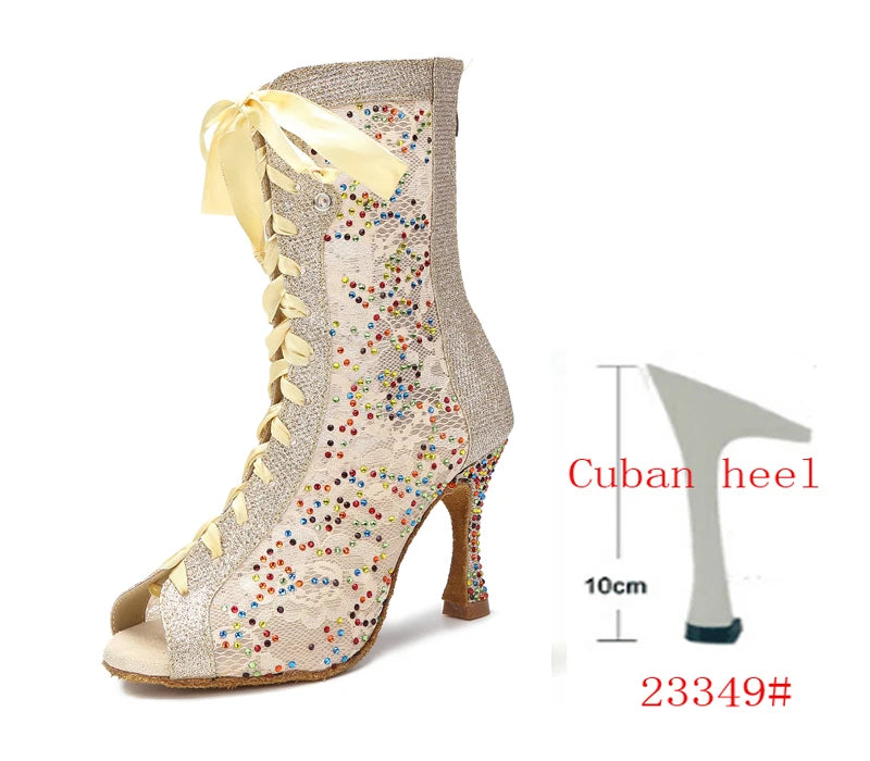 Sequin Mesh Latin Dance Boots | Peep Toe | Lace-Up Heel