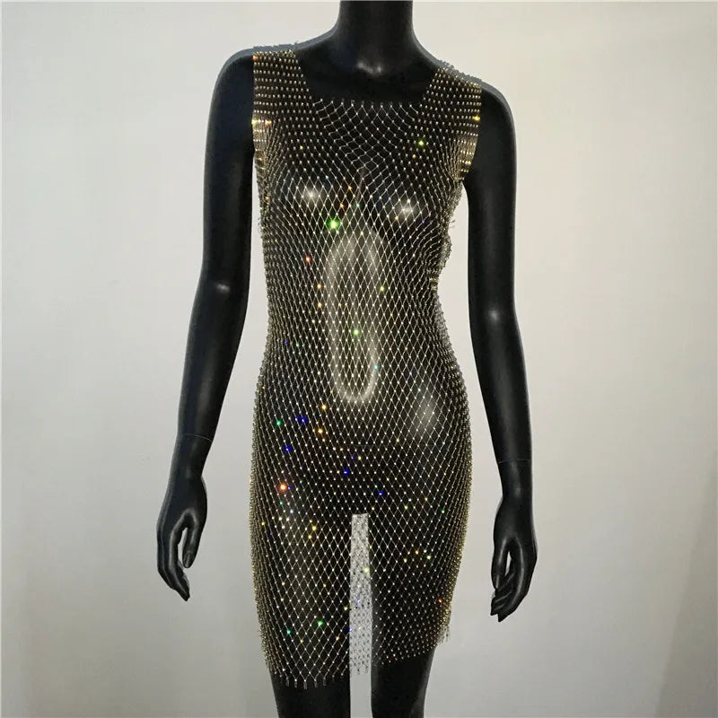 Rhinestone Fishnet Grid Mini Dress
