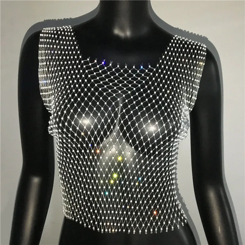 Glitter Rhinestone Fishnet Tank Top - Backless Square Neck Crop Top