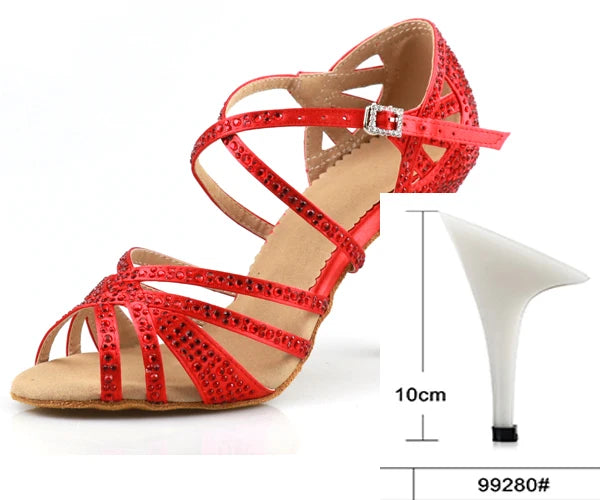 Red Rhinestone Latin Dance Heels | Satin | 6–10cm
