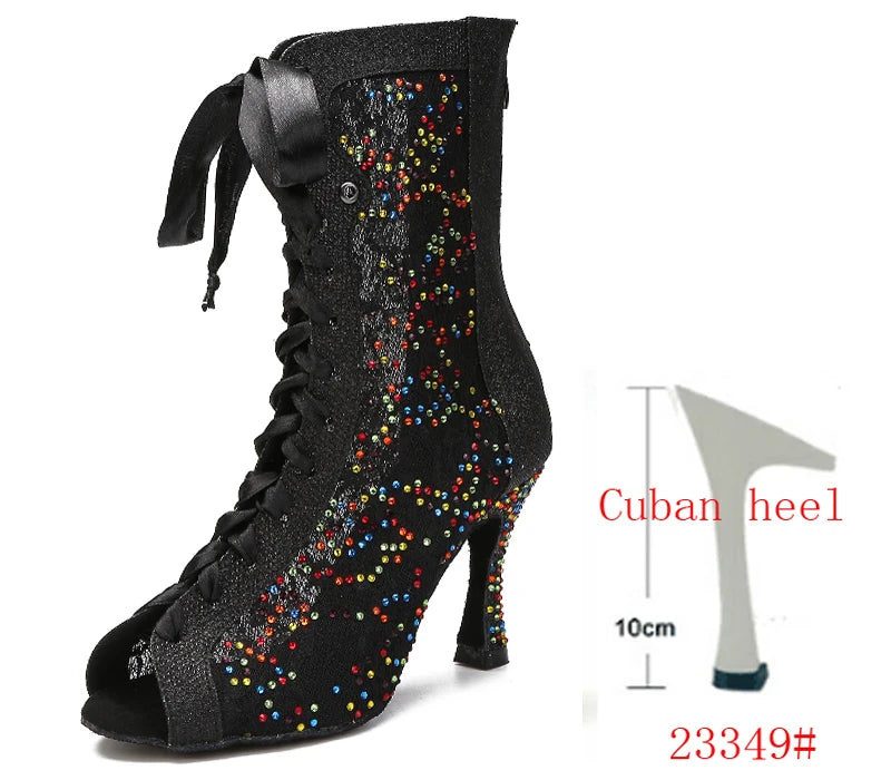Sequin Mesh Latin Dance Boots | Peep Toe | Lace-Up Heel