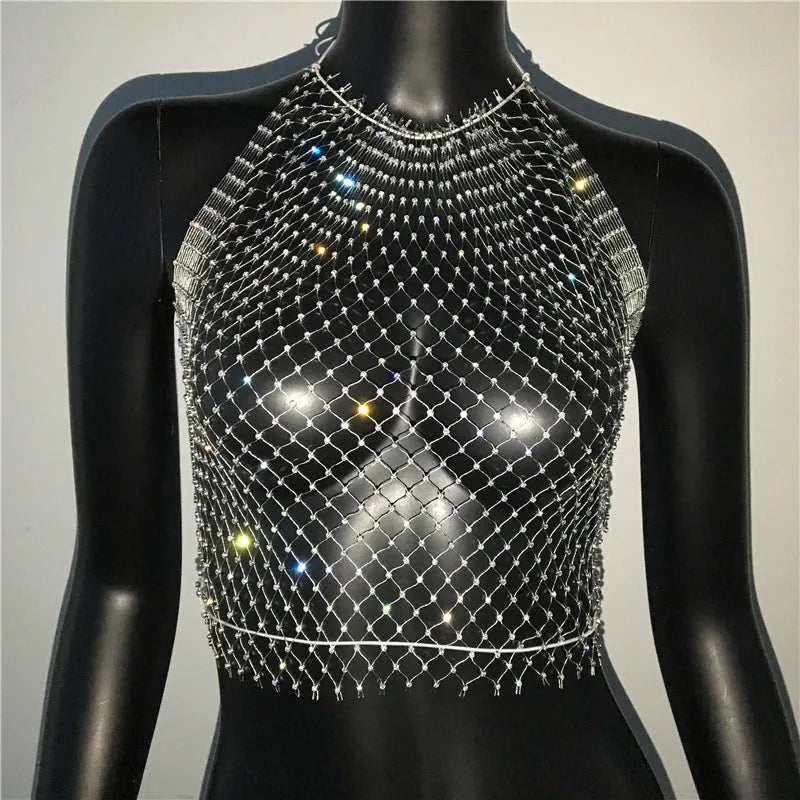 Bling Rhinestone Fishnet Crop Top - Adjustable Bandage Sheer Tank