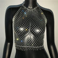 Bling Rhinestone Fishnet Crop Top - Adjustable Bandage Sheer Tank