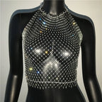 Bling Rhinestone Fishnet Crop Top - Adjustable Bandage Sheer Tank