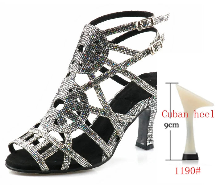 Rhinestone Cage Latin Dance Sandals | Cuban & Pointed Heel | 6–10cm