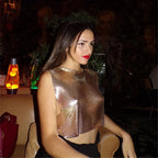Metallic Sequin Patchwork Crop Top - Hollow-Out O-Neck
