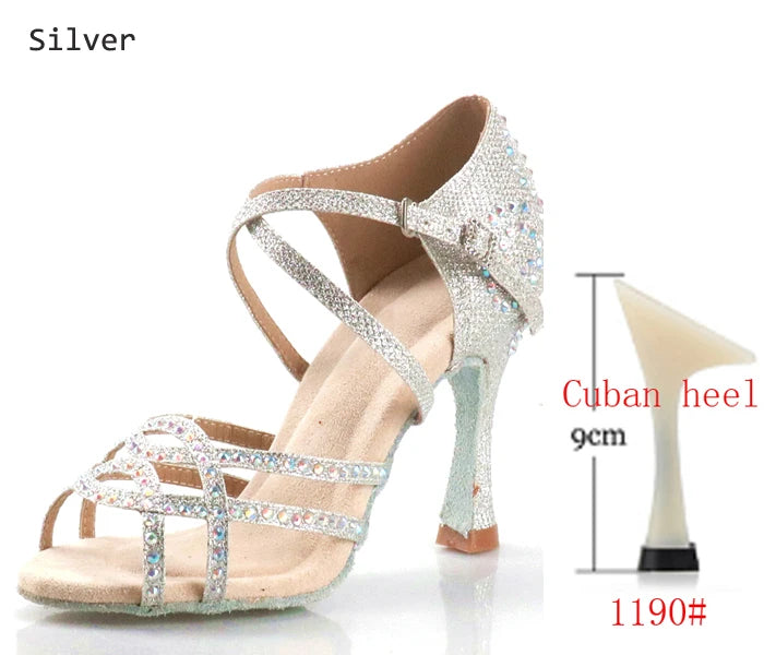 Women's Latin Dance Shoes | Satin Rhinestone | Multi Heel