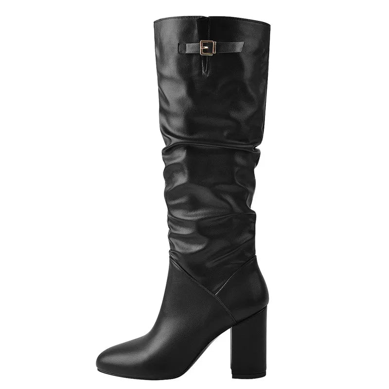 Pleated Patent Leather Mid-Calf Boots | Chunky Heel